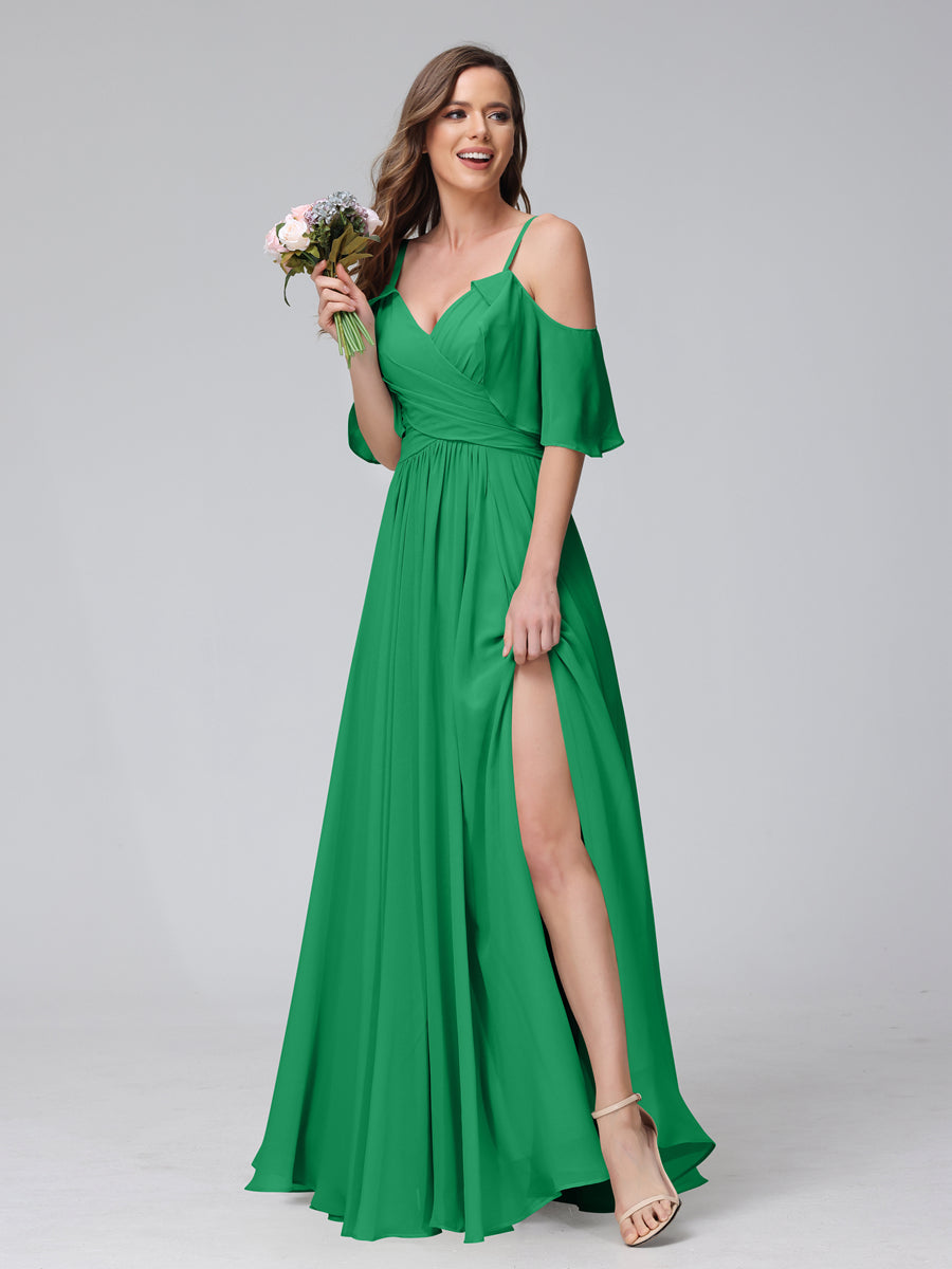 A-Line V-Neck Chiffon Long Bridesmaid Dresses With Split Side & Spaghetti Straps