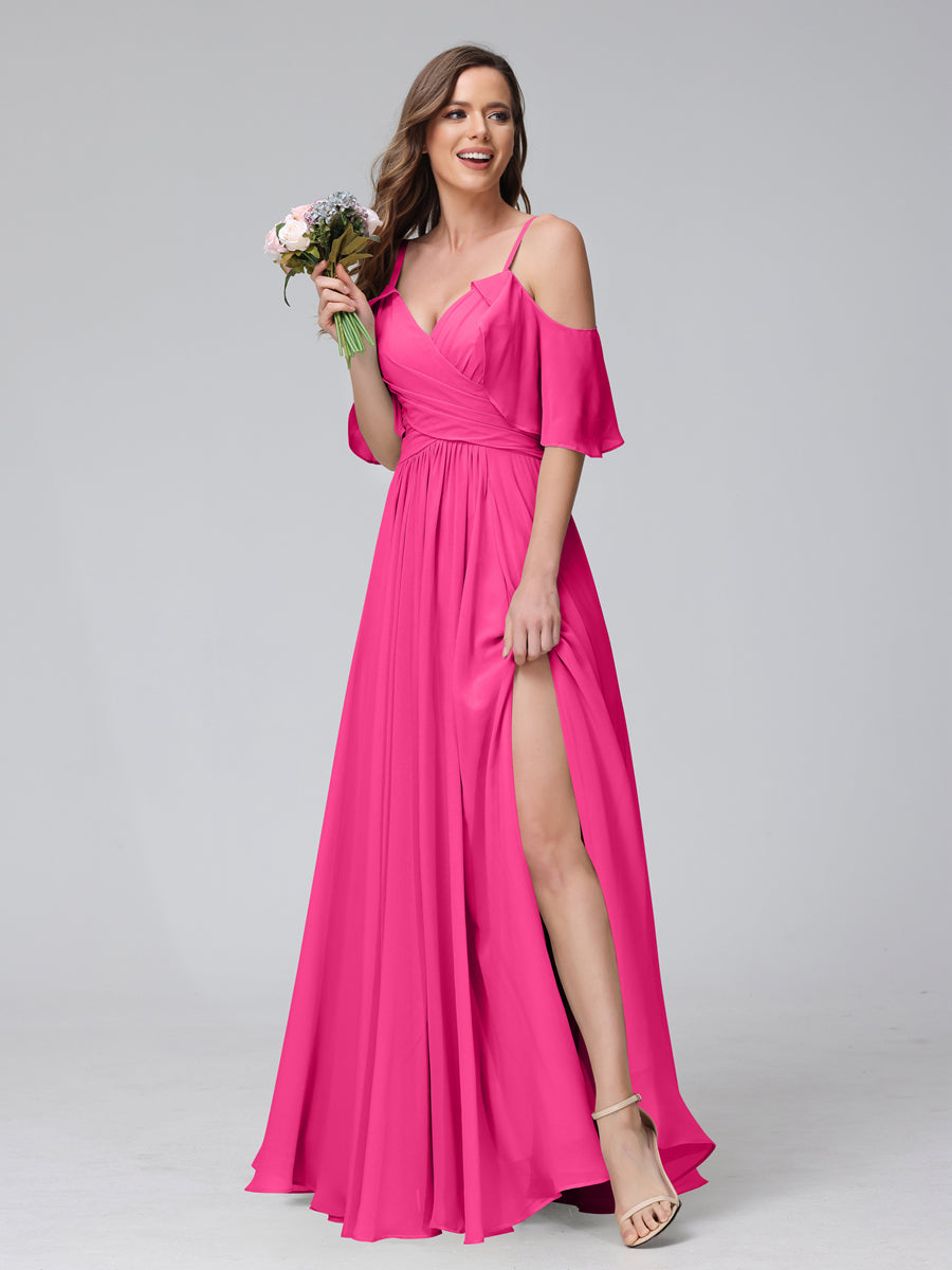 A-Line V-Neck Chiffon Long Bridesmaid Dresses With Split Side & Spaghetti Straps