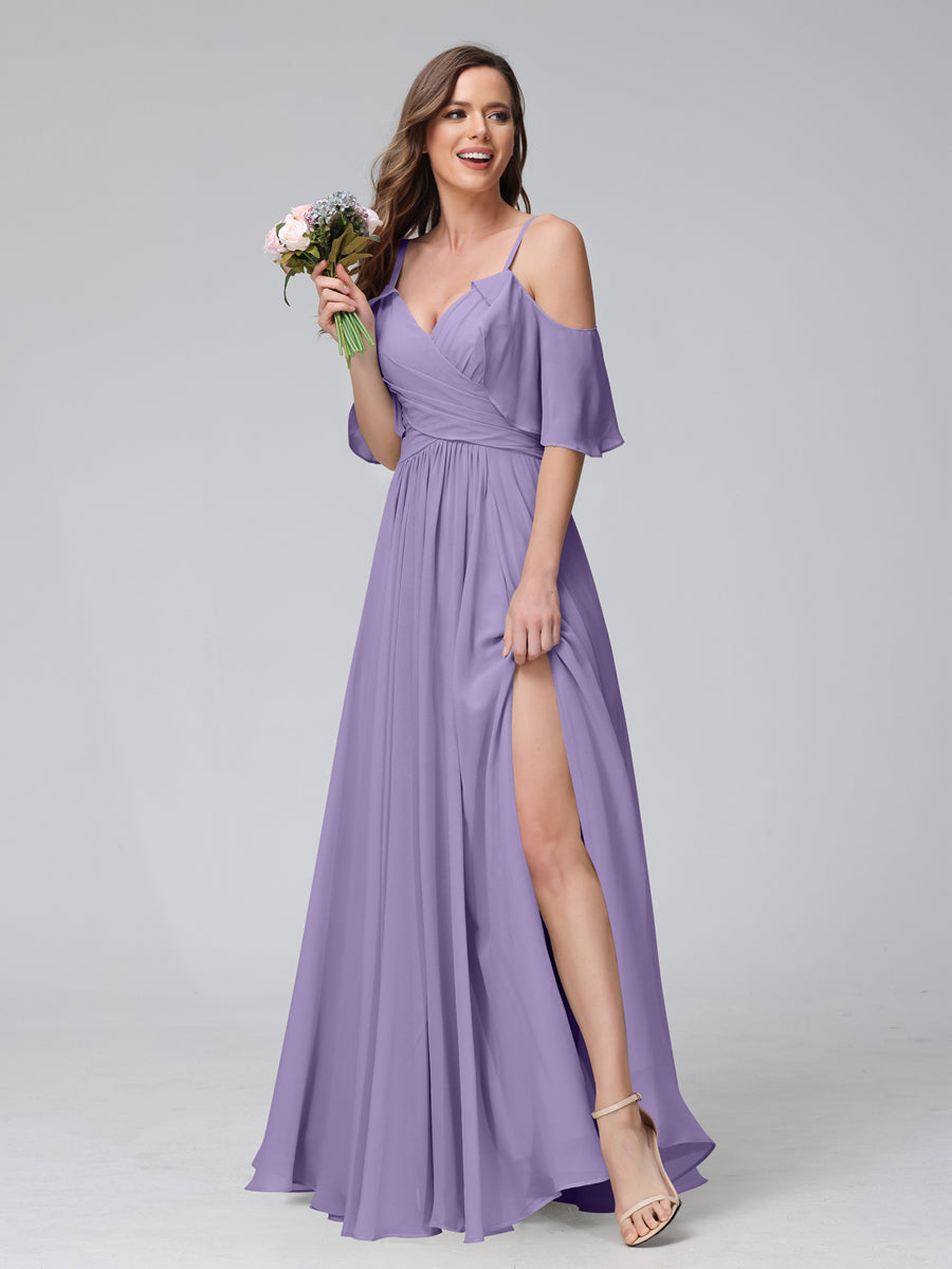 A-Line V-Neck Chiffon Long Bridesmaid Dresses With Split Side & Spaghetti Straps