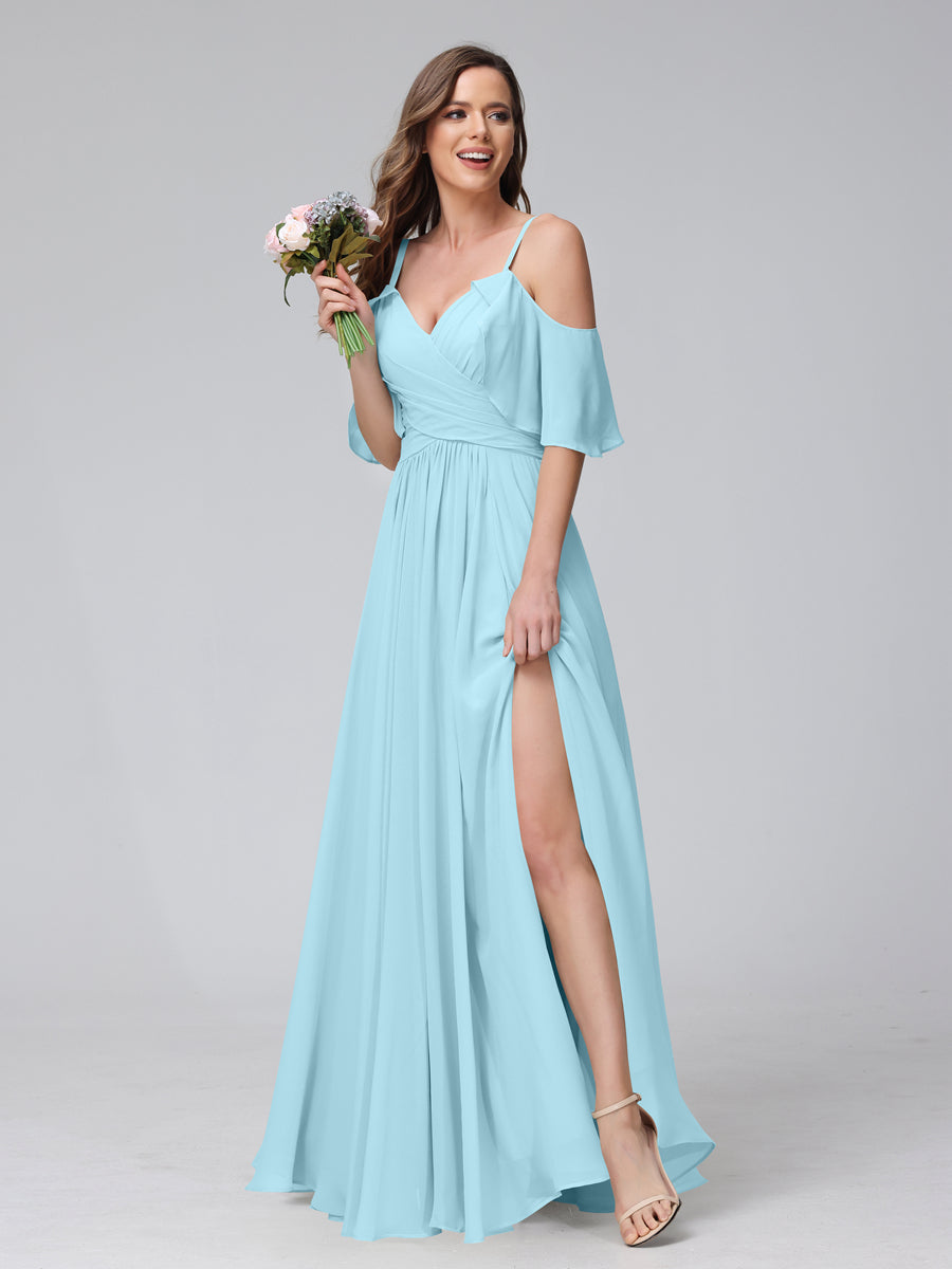 A-Line V-Neck Chiffon Long Bridesmaid Dresses With Split Side & Spaghetti Straps