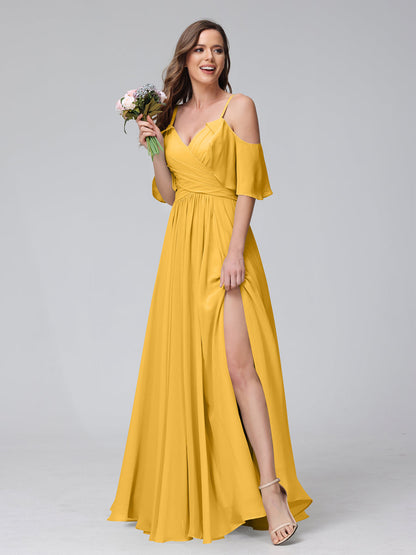 A-Line V-Neck Chiffon Long Bridesmaid Dresses With Split Side & Spaghetti Straps