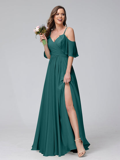 A-Line V-Neck Chiffon Long Bridesmaid Dresses With Split Side & Spaghetti Straps