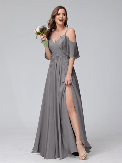 A-Line V-Neck Chiffon Long Bridesmaid Dresses With Split Side & Spaghetti Straps