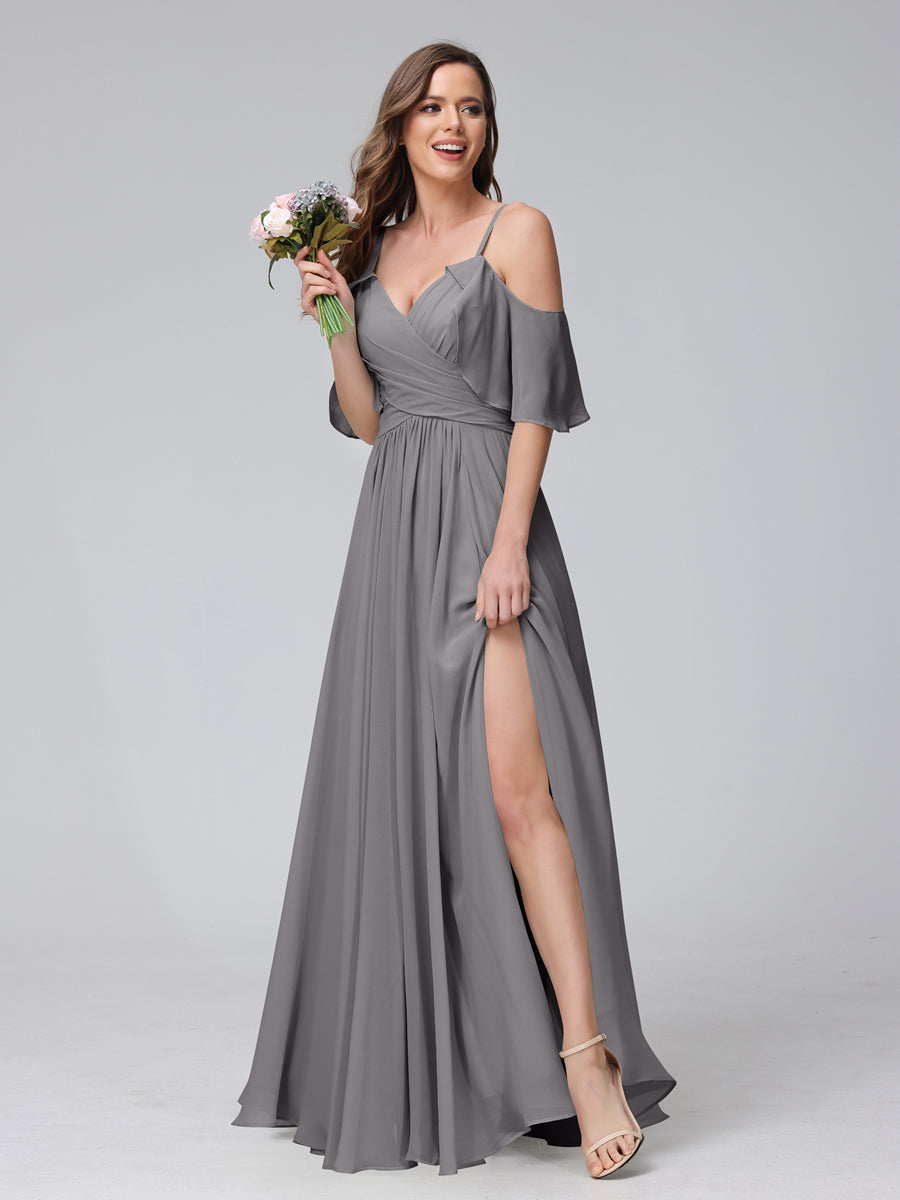 A-Line V-Neck Chiffon Long Bridesmaid Dresses With Split Side & Spaghetti Straps