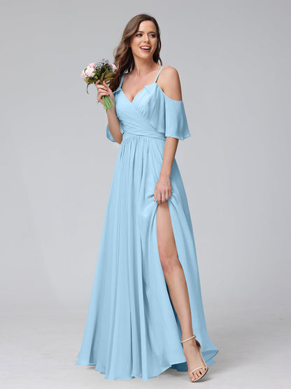 A-Line V-Neck Chiffon Long Bridesmaid Dresses With Split Side & Spaghetti Straps