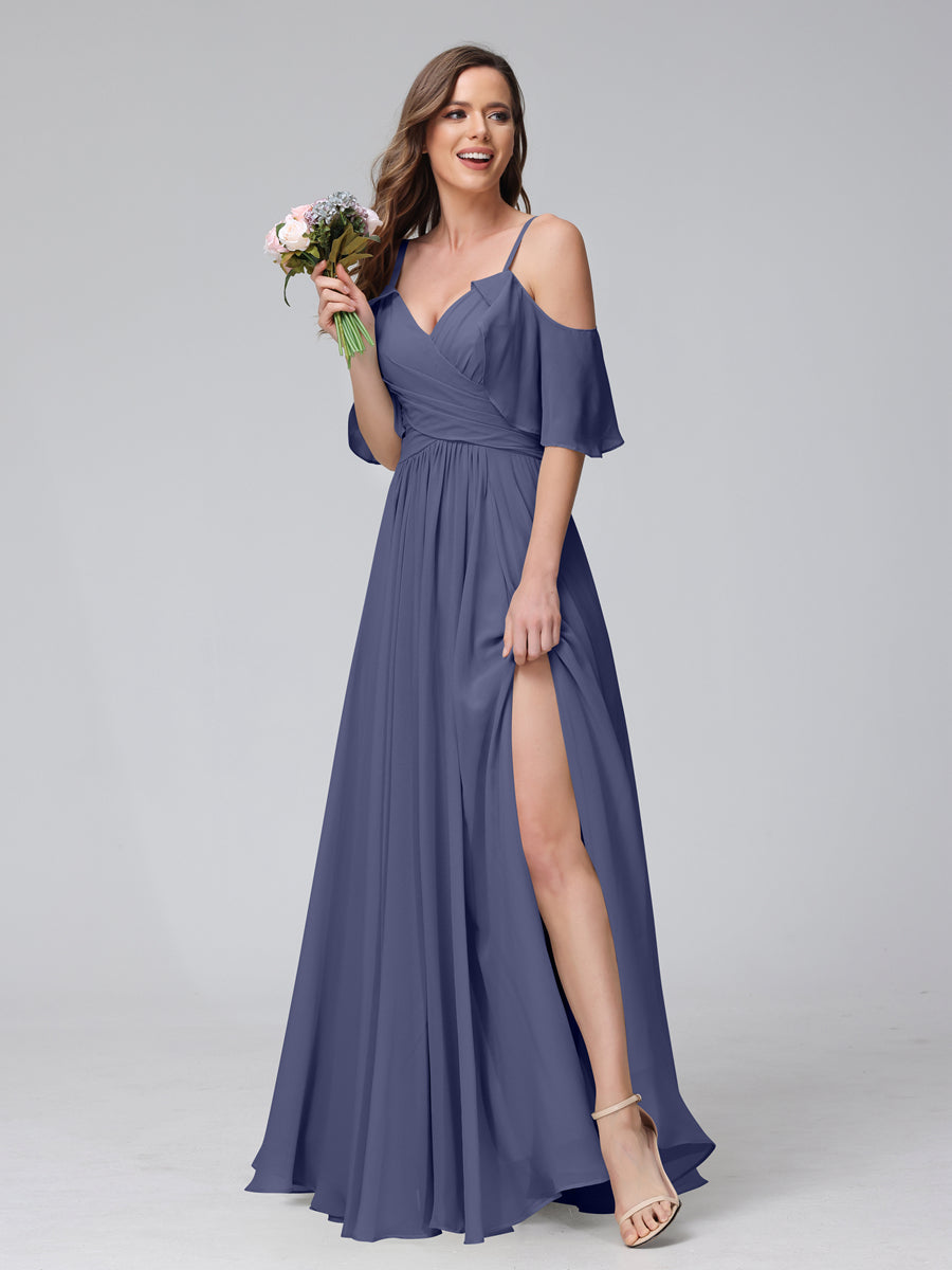 A-Line V-Neck Chiffon Long Bridesmaid Dresses With Split Side & Spaghetti Straps