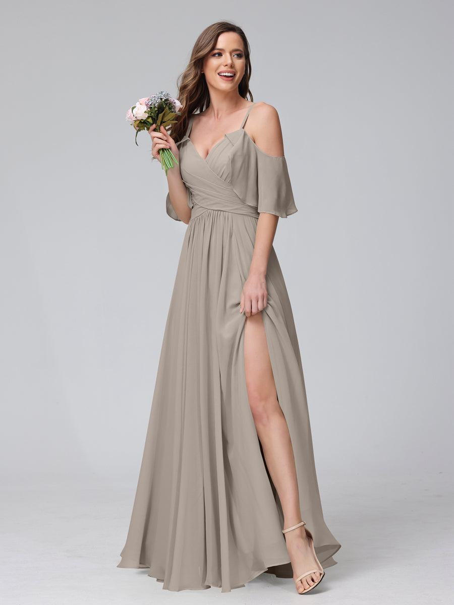 A-Line V-Neck Chiffon Long Bridesmaid Dresses With Split Side & Spaghetti Straps