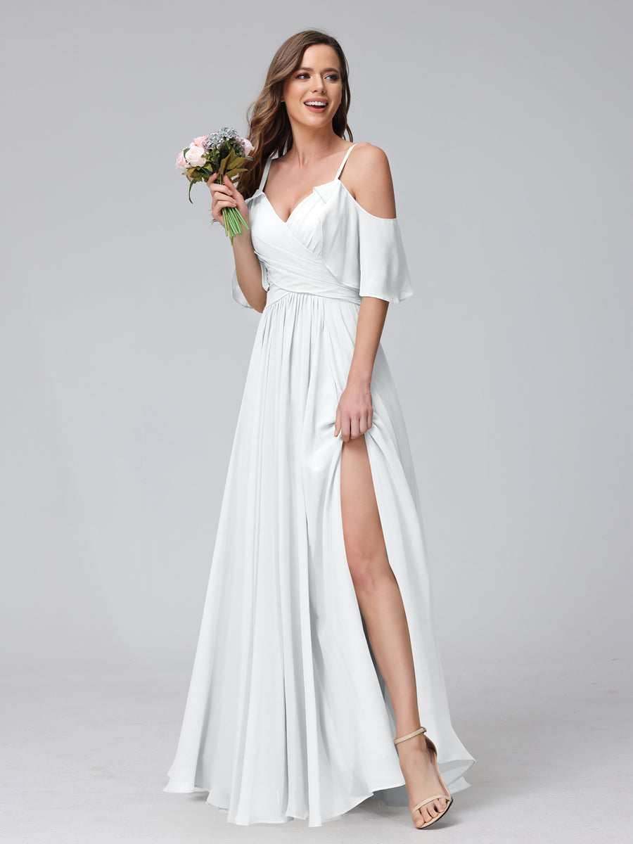 A-Line V-Neck Chiffon Long Bridesmaid Dresses With Split Side & Spaghetti Straps