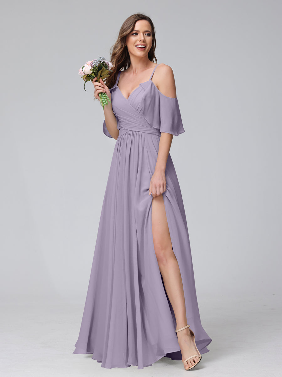 A-Line V-Neck Chiffon Long Bridesmaid Dresses With Split Side & Spaghetti Straps