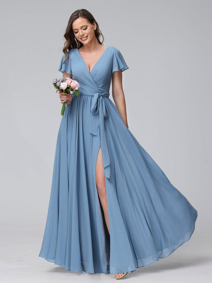 A-Line V-Neck Short Sleeves Long Chiffon Bridesmaid Dresses With Split Side