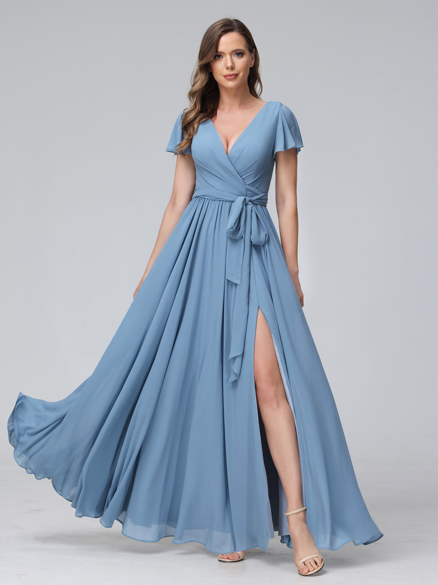 A-Line V-Neck Short Sleeves Long Chiffon Bridesmaid Dresses With Split Side