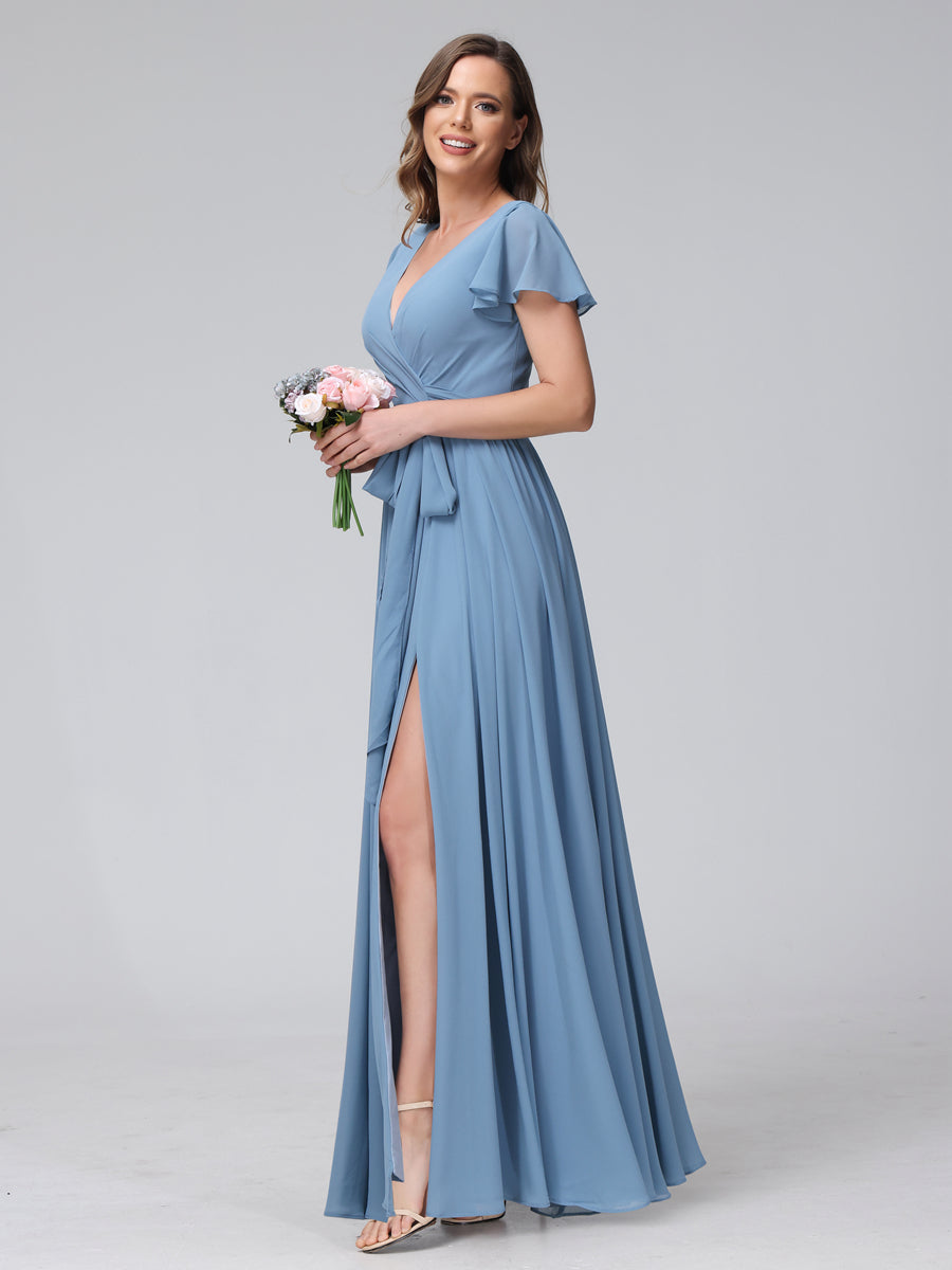 A-Line V-Neck Short Sleeves Long Chiffon Bridesmaid Dresses With Split Side