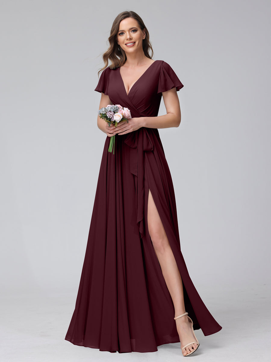 A-Line V-Neck Short Sleeves Long Chiffon Bridesmaid Dresses With Split Side