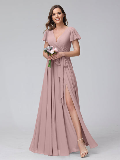 A-Line V-Neck Short Sleeves Long Chiffon Bridesmaid Dresses With Split Side