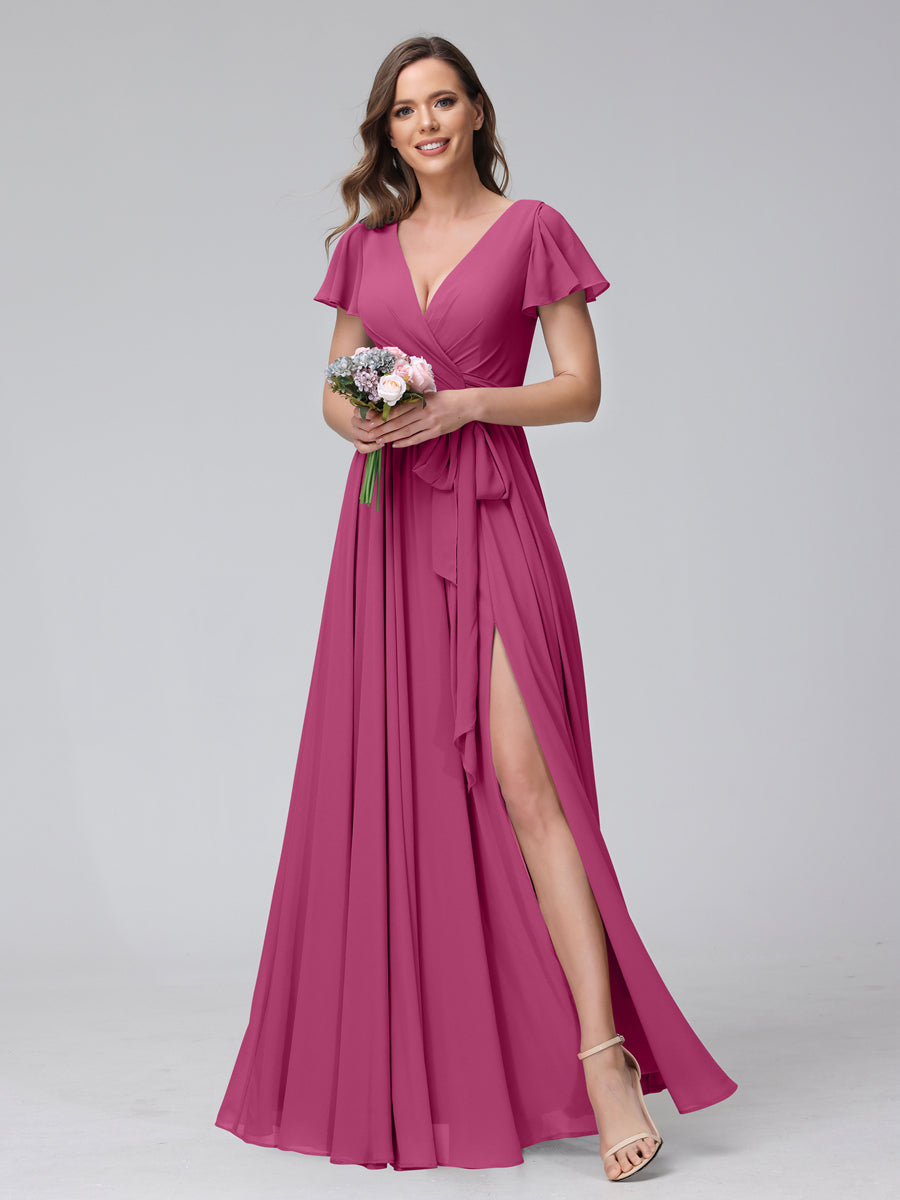 A-Line V-Neck Short Sleeves Long Chiffon Bridesmaid Dresses With Split Side