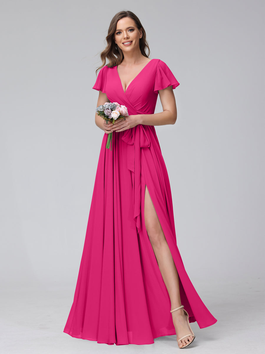 A-Line V-Neck Short Sleeves Long Chiffon Bridesmaid Dresses With Split Side