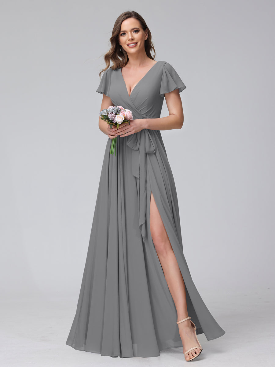 A-Line V-Neck Short Sleeves Long Chiffon Bridesmaid Dresses With Split Side