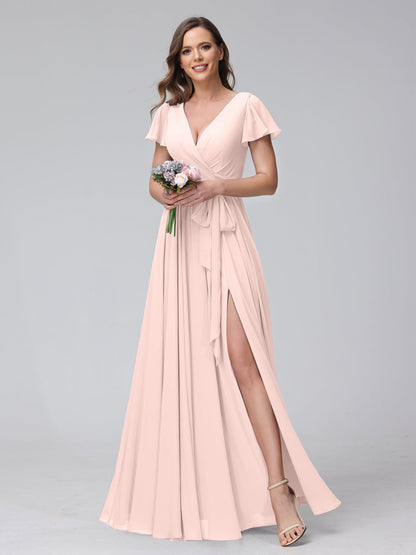 A-Line V-Neck Short Sleeves Long Chiffon Bridesmaid Dresses With Split Side