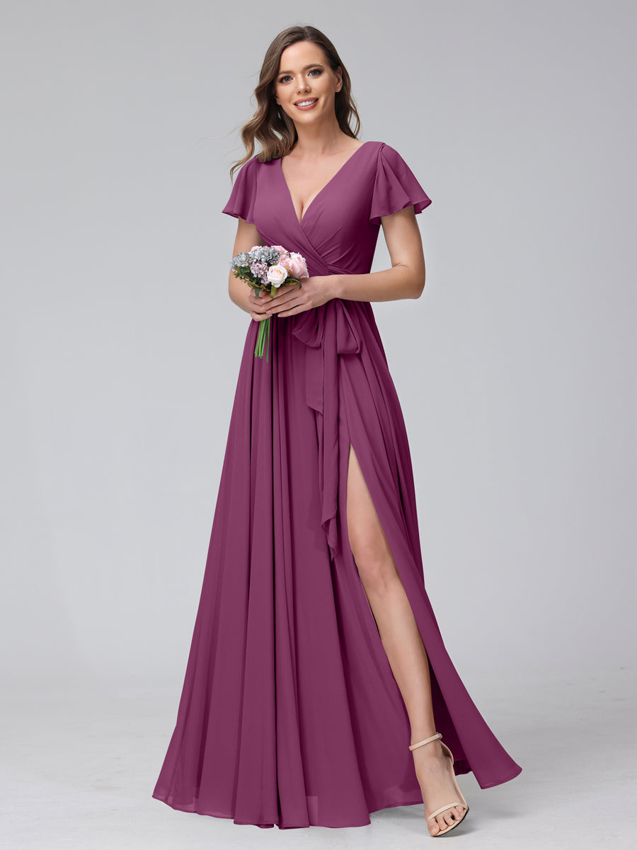 A-Line V-Neck Short Sleeves Long Chiffon Bridesmaid Dresses With Split Side