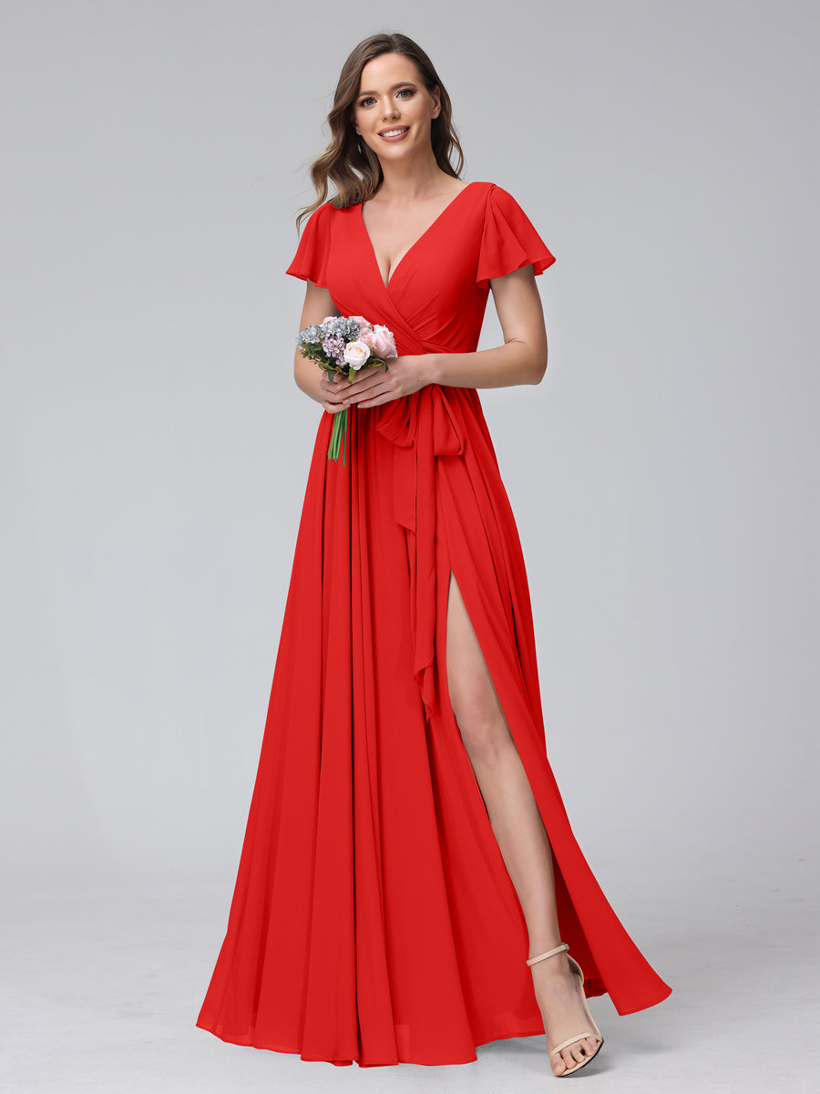 A-Line V-Neck Short Sleeves Long Chiffon Bridesmaid Dresses With Split Side