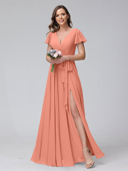 A-Line V-Neck Short Sleeves Long Chiffon Bridesmaid Dresses With Split Side