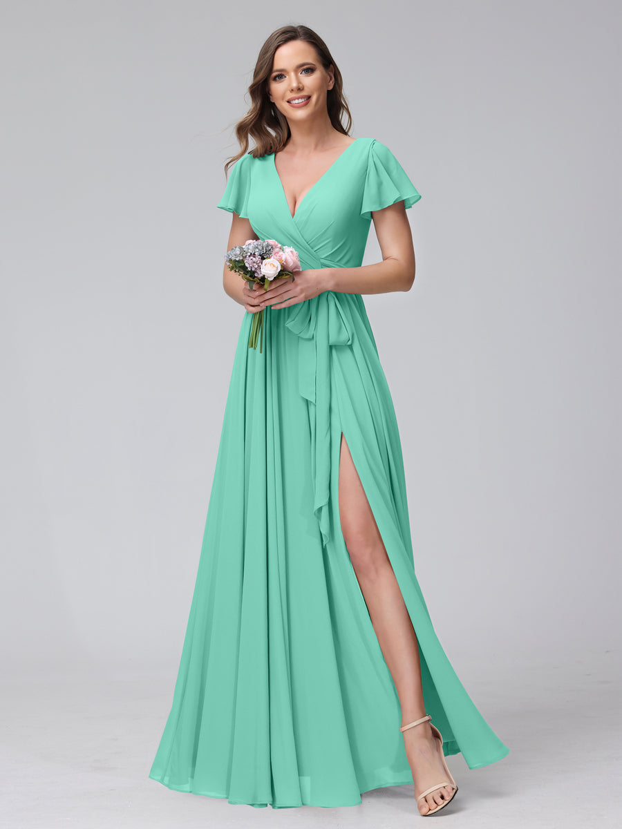 A-Line V-Neck Short Sleeves Long Chiffon Bridesmaid Dresses With Split Side