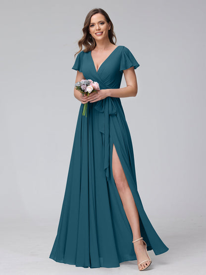 A-Line V-Neck Short Sleeves Long Chiffon Bridesmaid Dresses With Split Side