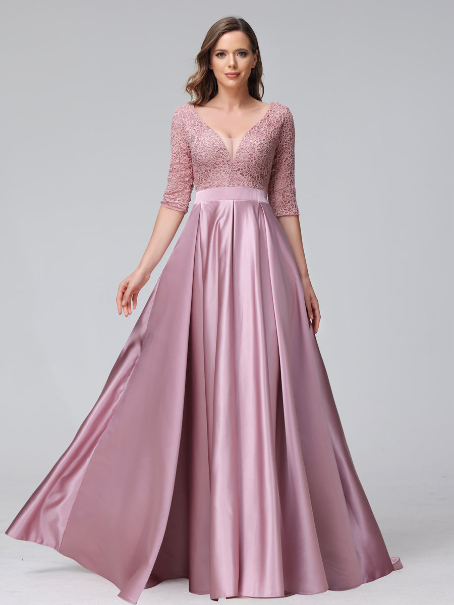 A-Line V-Neck Half Sleeves Applique Long Satin Bridesmaid Dresses With Split Side Pockets