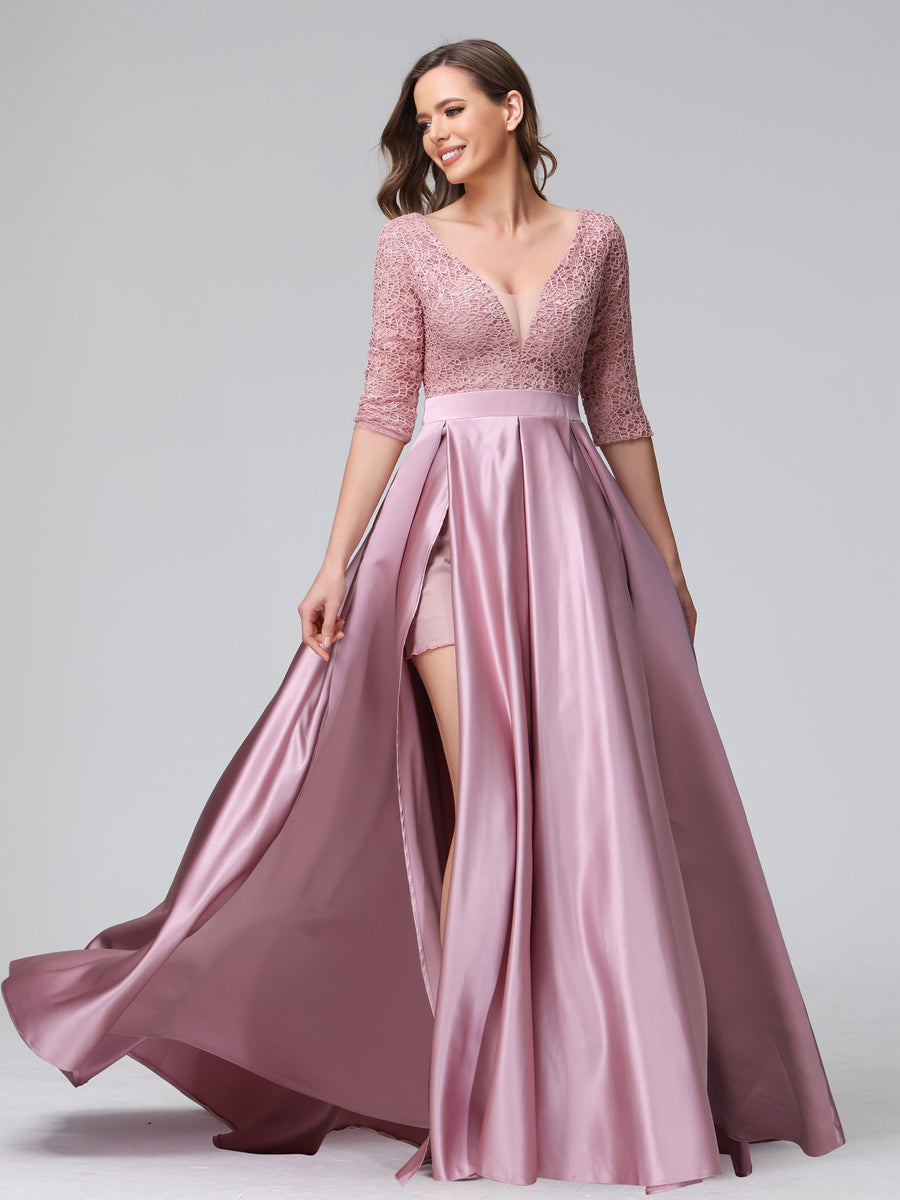 A-Line V-Neck Half Sleeves Applique Long Satin Bridesmaid Dresses With Split Side Pockets