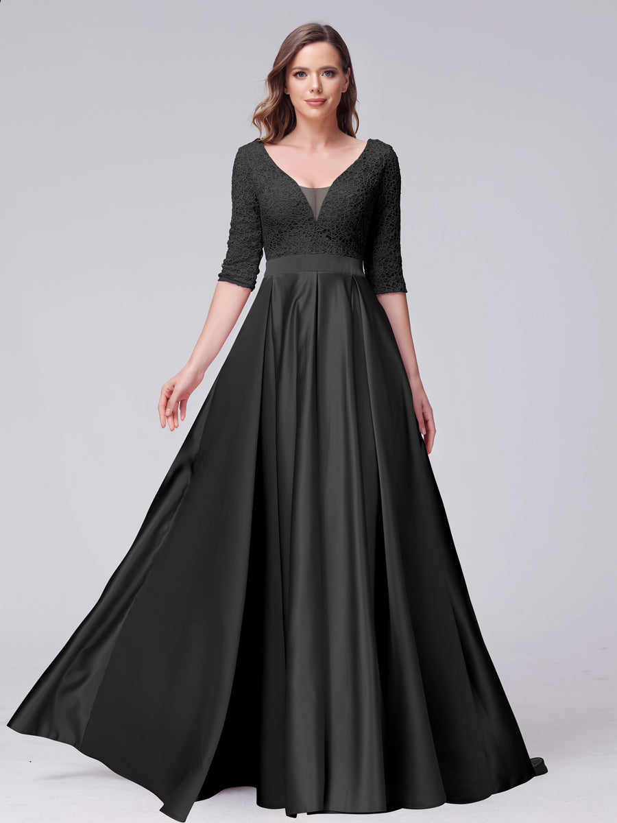 A-Line V-Neck Half Sleeves Applique Long Satin Bridesmaid Dresses With Split Side Pockets