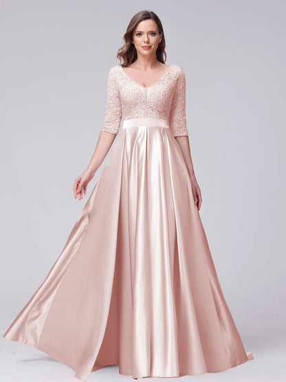 A-Line V-Neck Half Sleeves Applique Long Satin Bridesmaid Dresses With Split Side Pockets