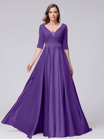 A-Line V-Neck Half Sleeves Applique Long Satin Bridesmaid Dresses With Split Side Pockets