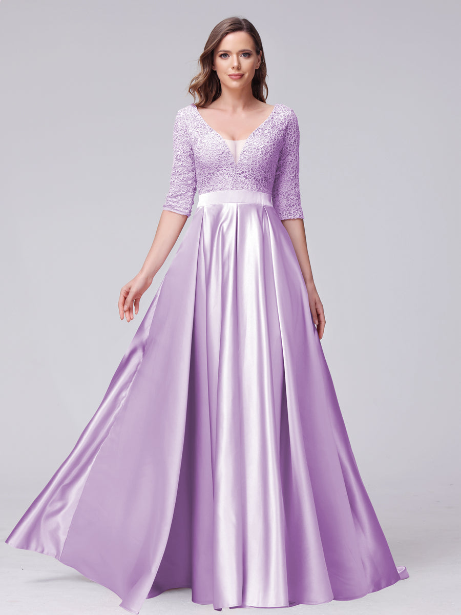 A-Line V-Neck Half Sleeves Applique Long Satin Bridesmaid Dresses With Split Side Pockets