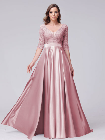 A-Line V-Neck Half Sleeves Applique Long Satin Bridesmaid Dresses With Split Side Pockets