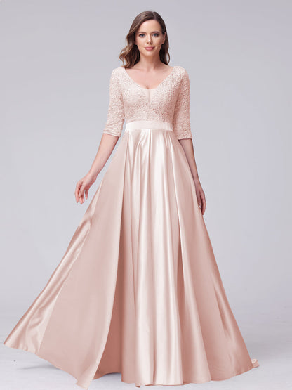 A-Line V-Neck Half Sleeves Applique Long Satin Bridesmaid Dresses With Split Side Pockets