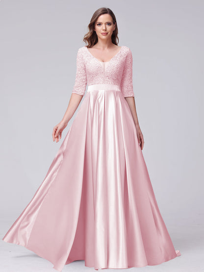 A-Line V-Neck Half Sleeves Applique Long Satin Bridesmaid Dresses With Split Side Pockets