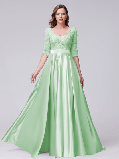 A-Line V-Neck Half Sleeves Applique Long Satin Bridesmaid Dresses With Split Side Pockets