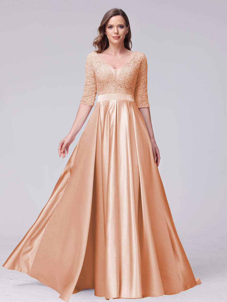 A-Line V-Neck Half Sleeves Applique Long Satin Bridesmaid Dresses With Split Side Pockets