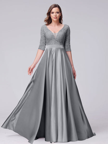 A-Line V-Neck Half Sleeves Applique Long Satin Bridesmaid Dresses With Split Side Pockets