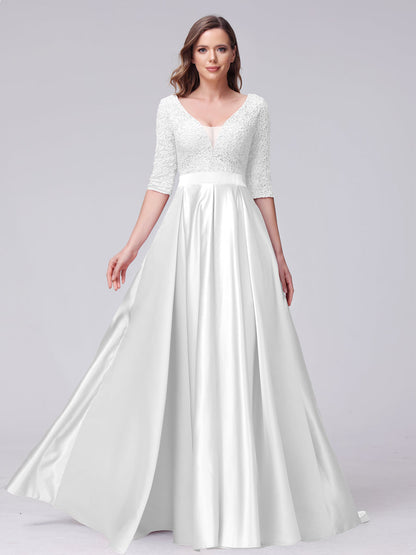 A-Line V-Neck Half Sleeves Applique Long Satin Bridesmaid Dresses With Split Side Pockets