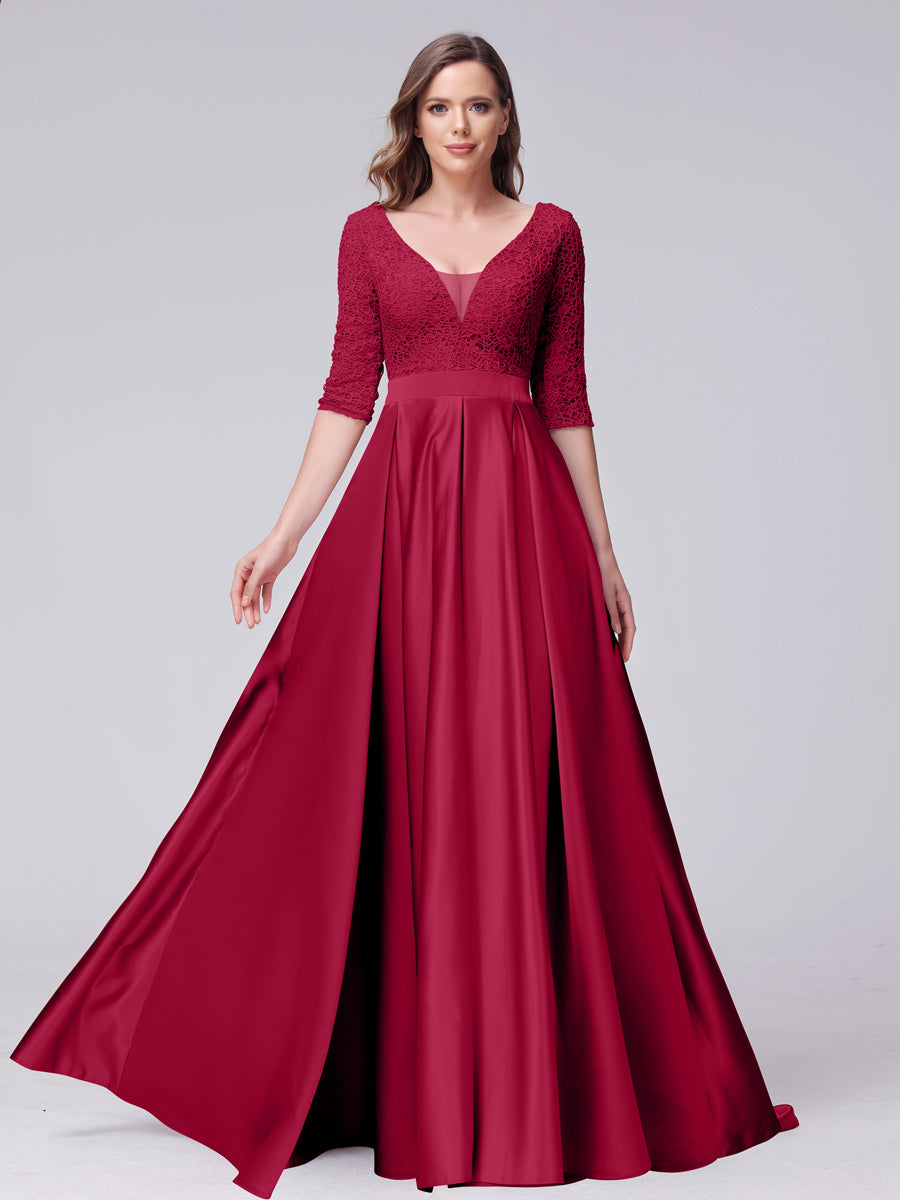 A-Line V-Neck Half Sleeves Applique Long Satin Bridesmaid Dresses With Split Side Pockets