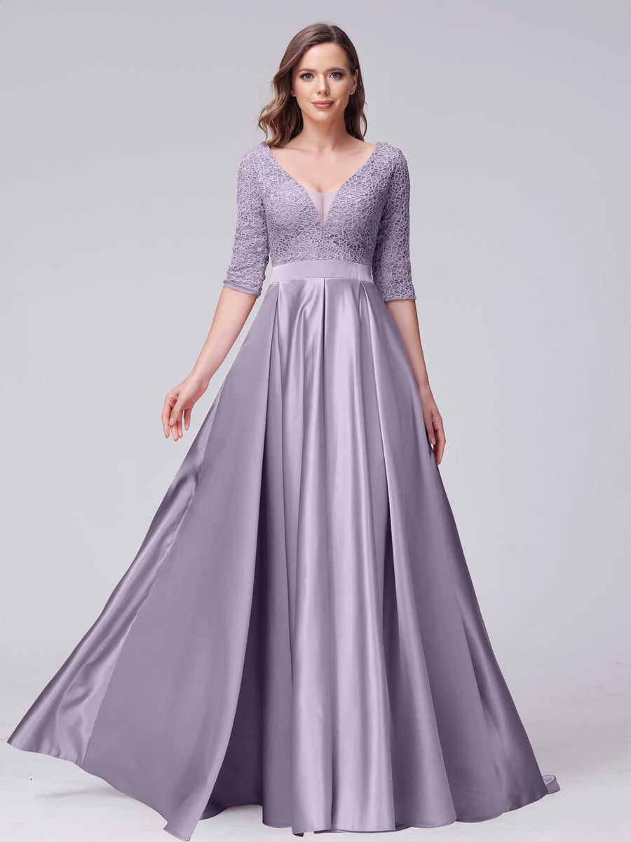 A-Line V-Neck Half Sleeves Applique Long Satin Bridesmaid Dresses With Split Side Pockets