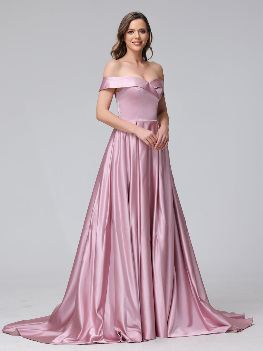 A-Line Off-the-Shoulder Long Satin Evening Dresses with Split Side & Pockets