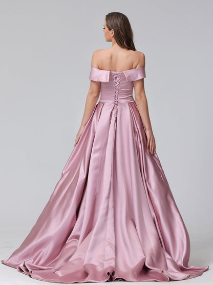 A-Line Off-the-Shoulder Long Satin Evening Dresses with Split Side & Pockets