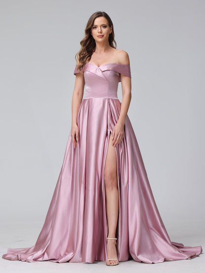 A-Line Off-the-Shoulder Long Satin Evening Dresses with Split Side & Pockets