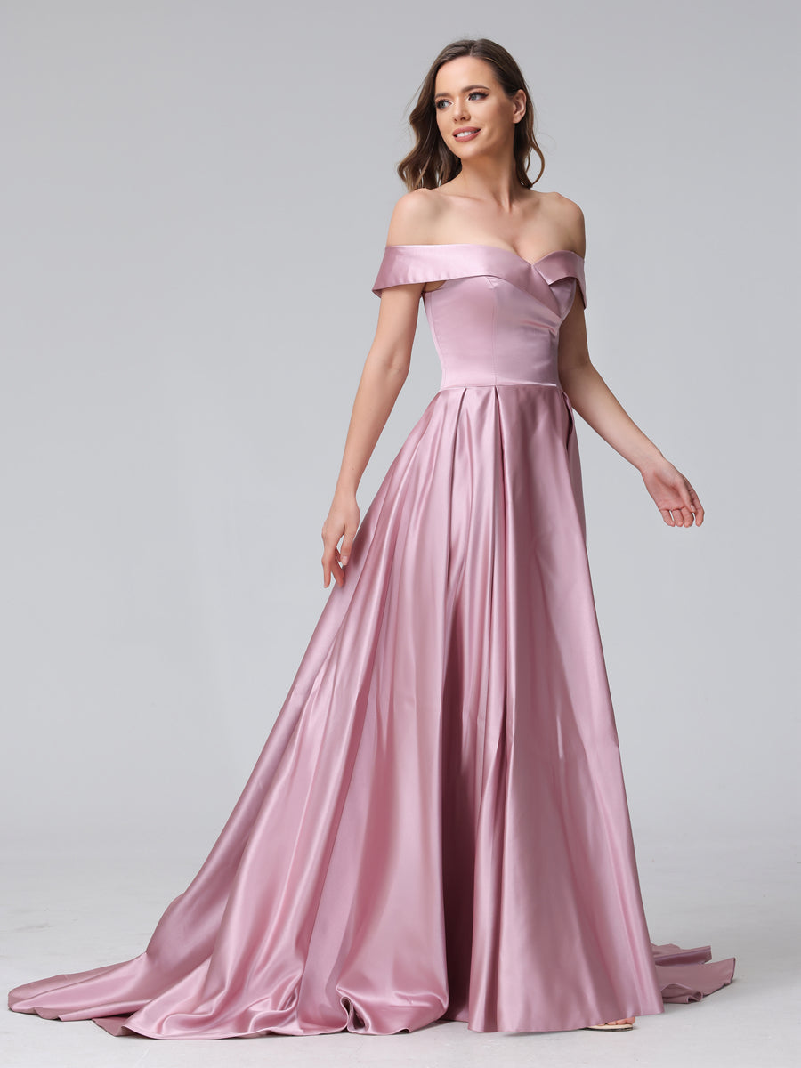 A-Line Off-the-Shoulder Long Satin Evening Dresses with Split Side & Pockets