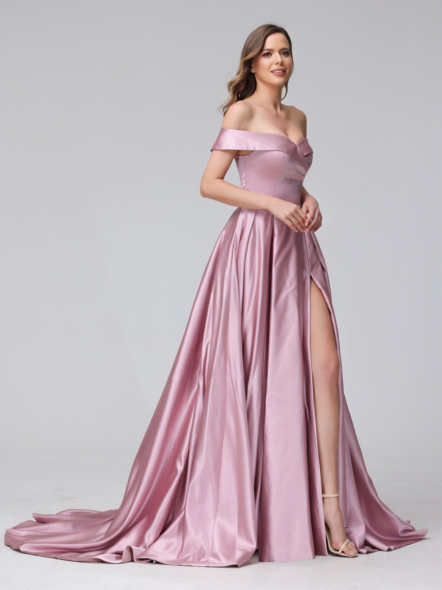 A-Line Off-the-Shoulder Long Satin Evening Dresses with Split Side & Pockets