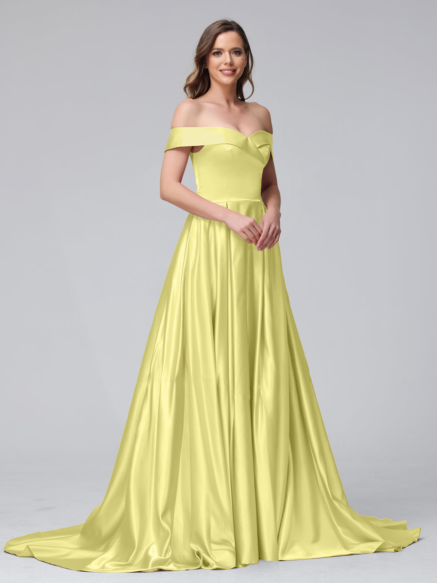 A-Line Off-the-Shoulder Long Satin Evening Dresses with Split Side & Pockets