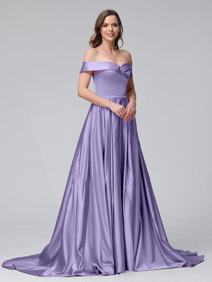 A-Line Off-the-Shoulder Long Satin Evening Dresses with Split Side & Pockets