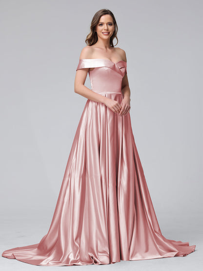 A-Line Off-the-Shoulder Long Satin Evening Dresses with Split Side & Pockets